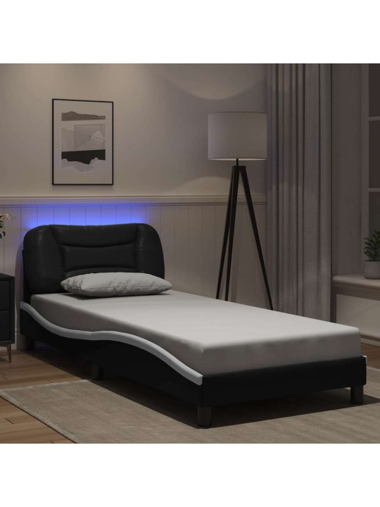 Sängynrunko led-valoilla musta/valkoinen 80x200 cm keinonahka
