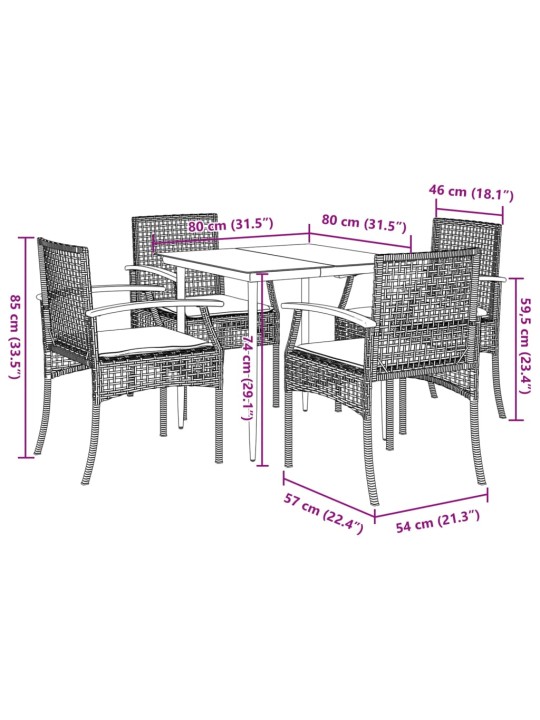 5-osainen ulkoruokailuryhmä tyynyillä beige polyrottinki