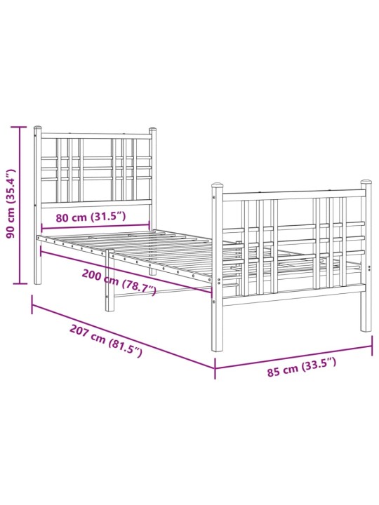 Metallinen sängynrunko päädyillä musta 80x200 cm