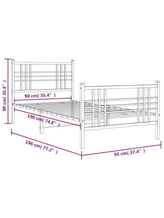 Metallinen sängynrunko päädyillä musta 90x190 cm