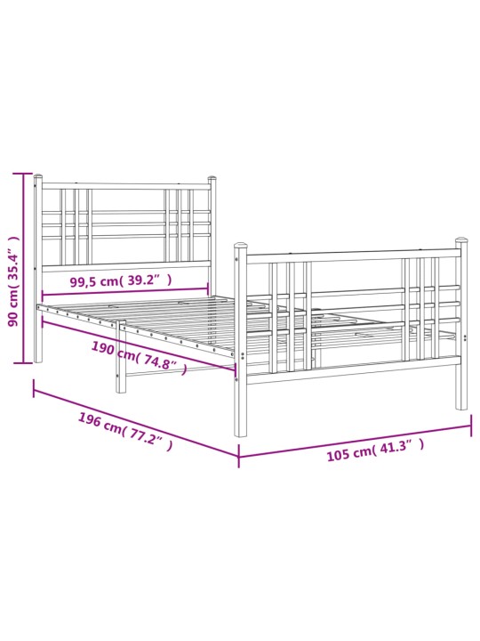 Metallinen sängynrunko päädyillä musta 100x190 cm