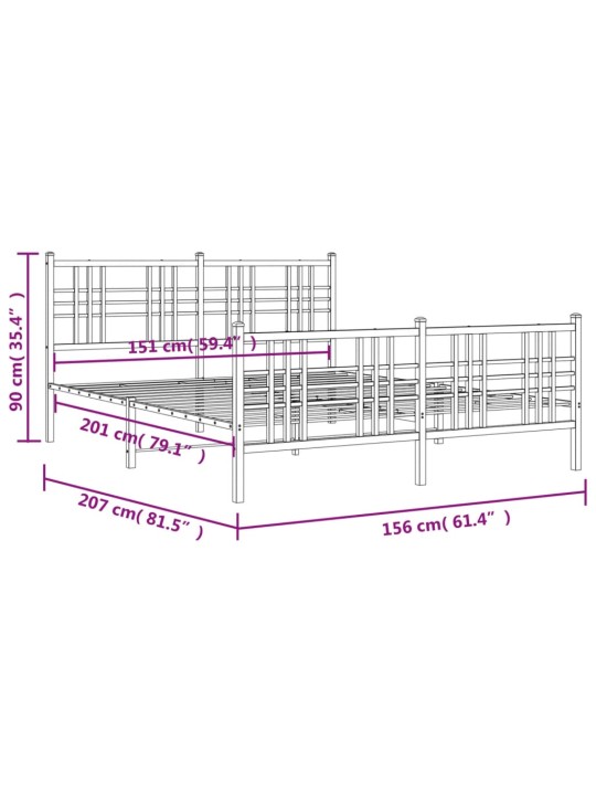 Metallinen sängynrunko päädyillä musta 150x200 cm