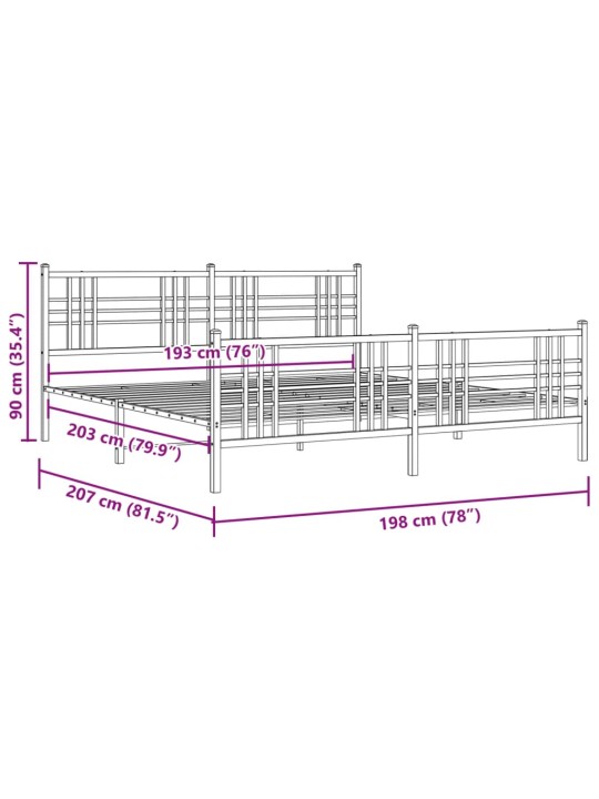 Metallinen sängynrunko päädyillä musta 193x203 cm