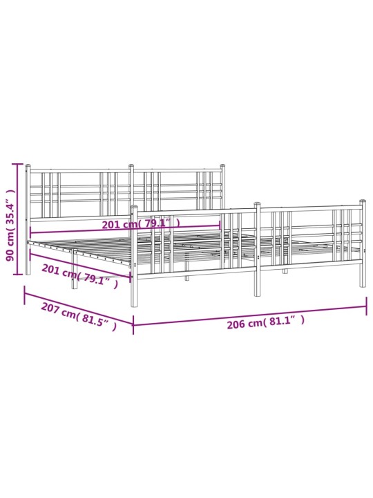 Metallinen sängynrunko päädyillä musta 200x200 cm