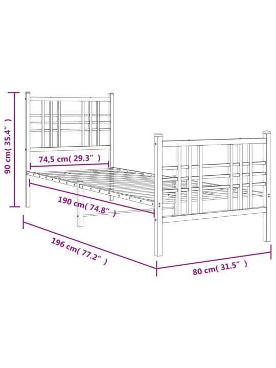 Metallinen sängynrunko päädyillä valkoinen 75x190 cm