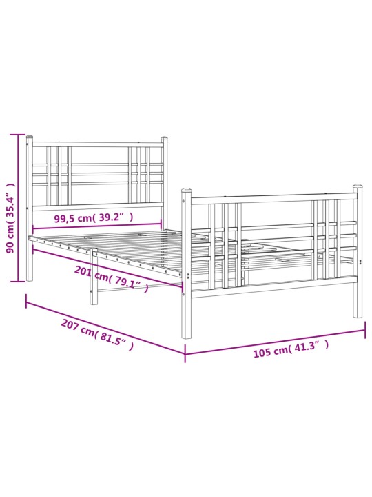 Metallinen sängynrunko päädyillä valkoinen 100x200 cm