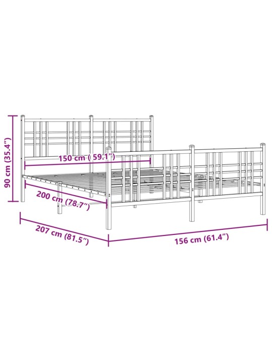 Metallinen sängynrunko päädyillä valkoinen 150x200 cm