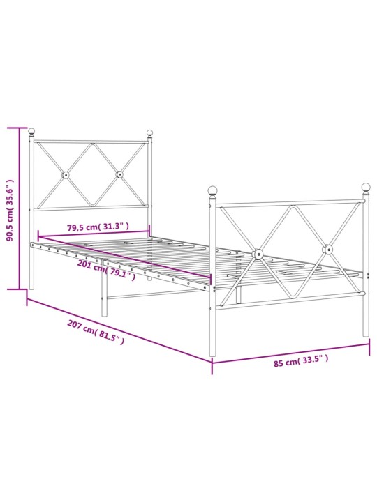 Metallinen sängynrunko päädyillä musta 80x200 cm
