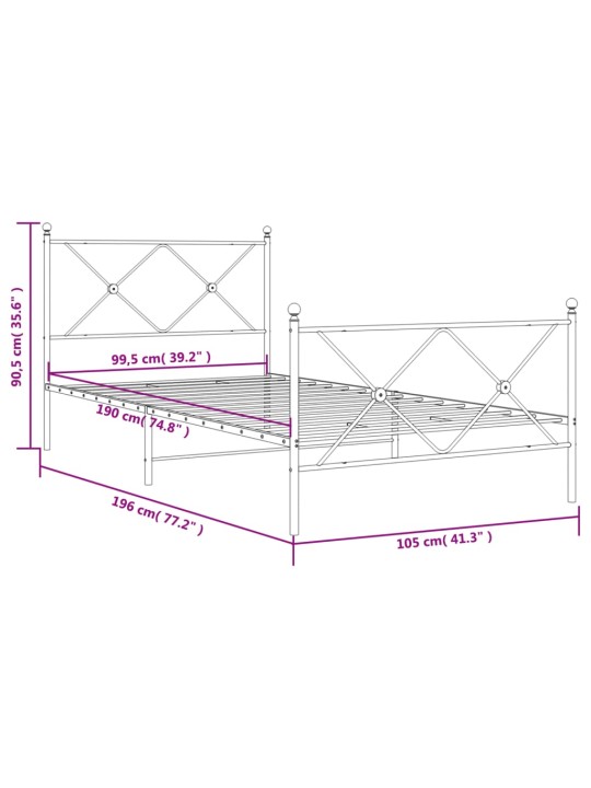 Metallinen sängynrunko päädyillä musta 100x190 cm
