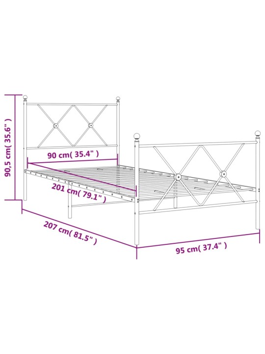 Metallinen sängynrunko päädyillä valkoinen 90x200 cm