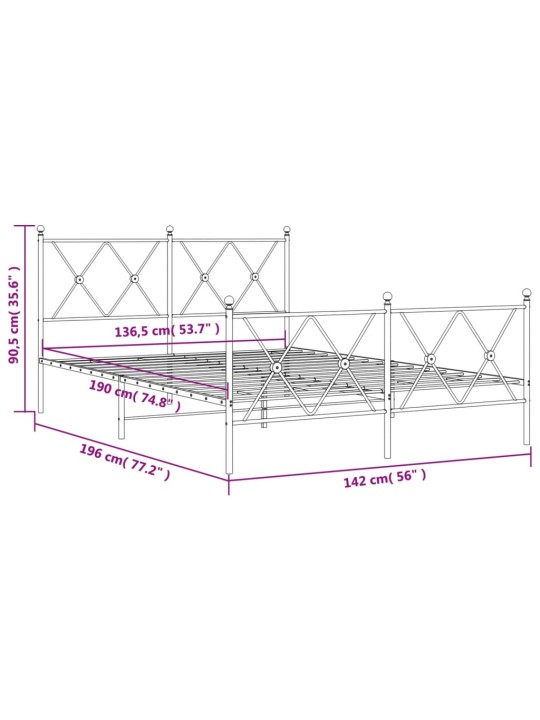 Metallinen sängynrunko päädyillä valkoinen 137x190 cm