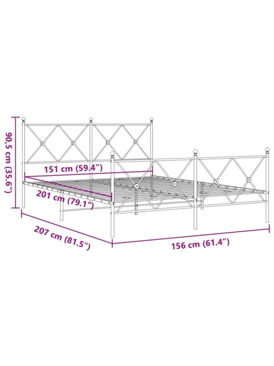 Metallinen sängynrunko päädyillä valkoinen 150x200 cm
