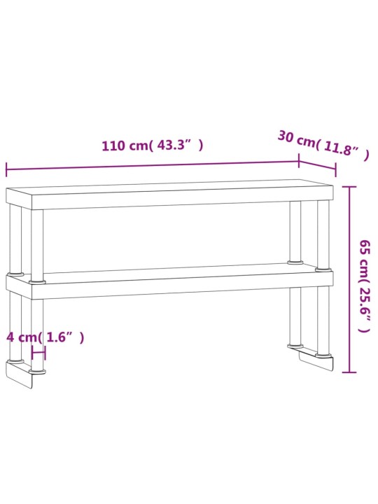 Keittiön työtason hylly 2 tasoa 110x30x65 cm ruostumaton teräs