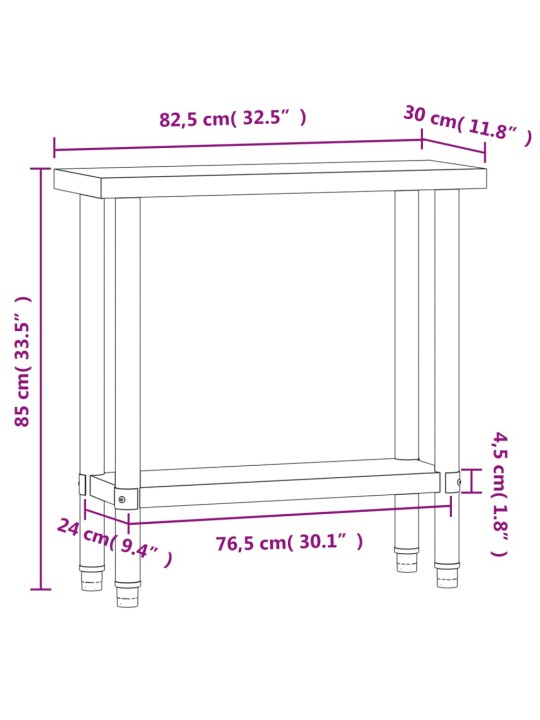 Keittiön työpöytä 82,5x30x85 cm ruostumaton teräs