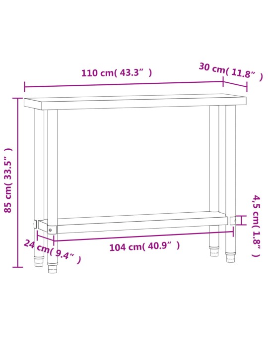 Keittiön työpöytä 110x30x85 cm ruostumaton teräs