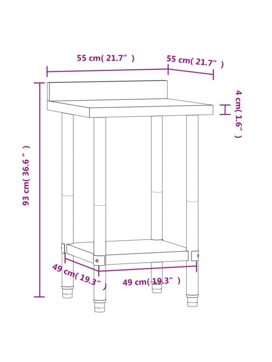 Keittiön työpöytä roiskesuojalla 55x55x93 cm ruostumaton teräs