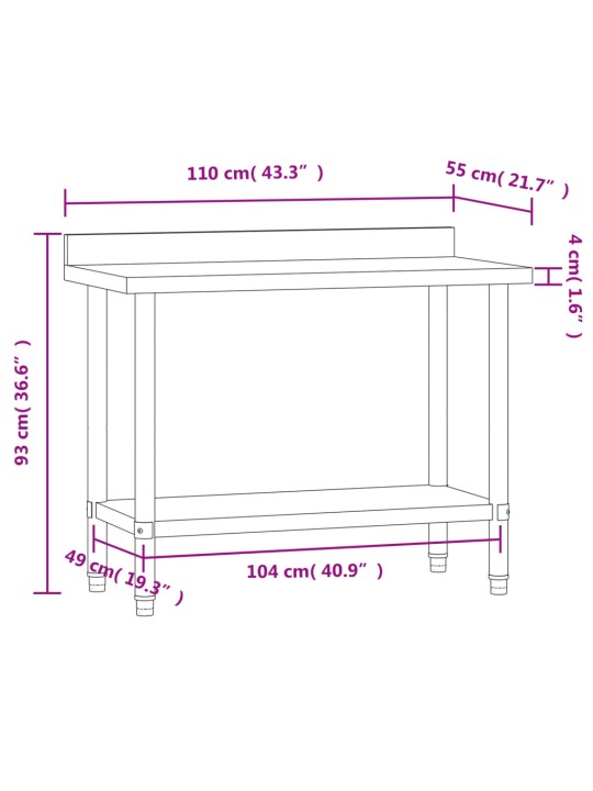 Keittiön työpöytä roiskesuojalla 110x55x93 cm ruostumaton teräs