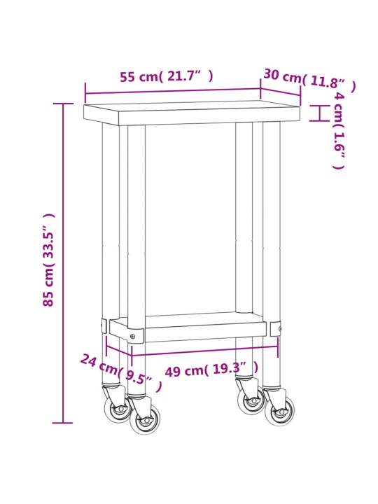 Keittiön työpöytä pyörillä 55x30x85 cm ruostumaton teräs