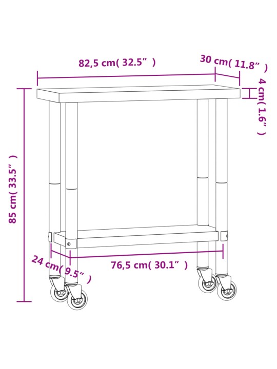 Keittiön työpöytä pyörillä 82,5x30x85 cm ruostumaton teräs