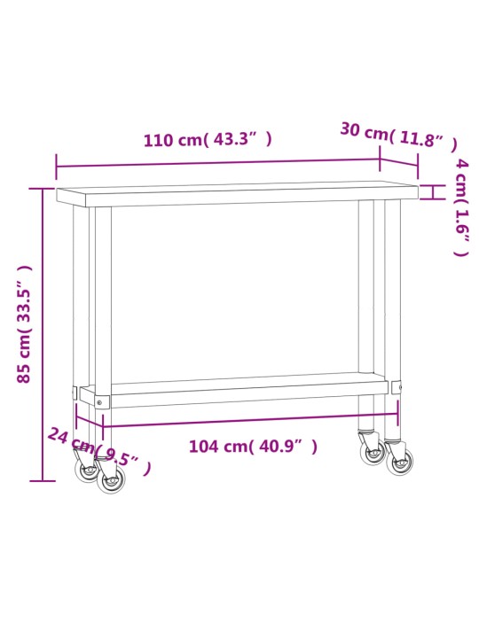Keittiön työpöytä pyörillä 110x30x85 cm ruostumaton teräs