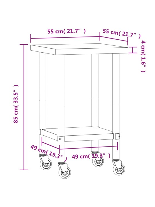 Keittiön työpöytä pyörillä 55x55x85 cm ruostumaton teräs