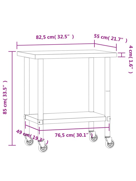 Keittiön työpöytä pyörillä 82,5x55x85 cm ruostumaton teräs