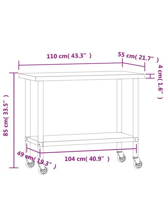 Keittiön työpöytä pyörillä 110x55x85 cm ruostumaton teräs