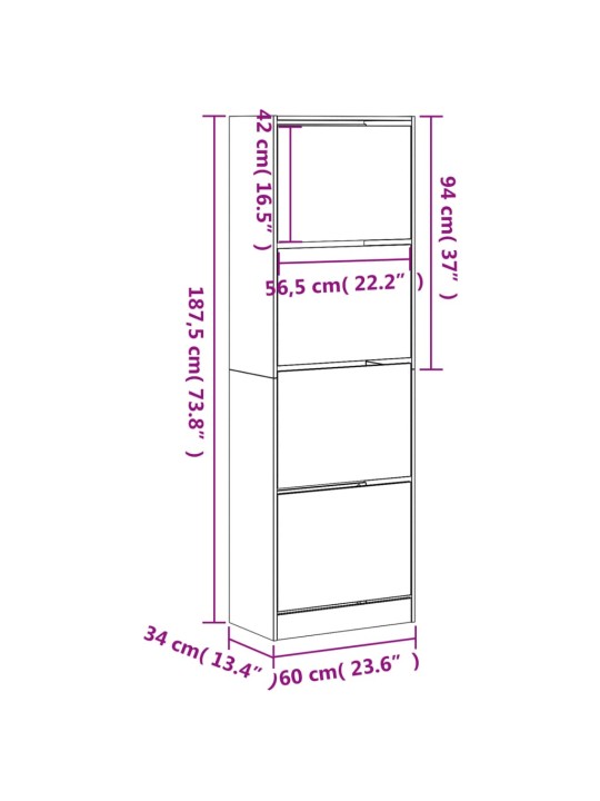 Kenkäkaappi 4 kääntölaatikolla savutammi 60x34x187,5 cm