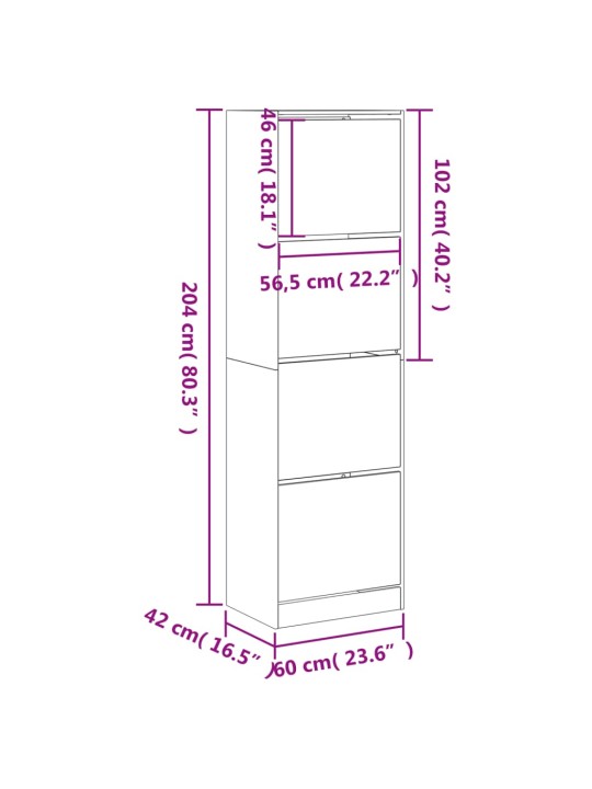 Kenkäkaappi 4 kääntölaatikolla savutammi 60x42x204 cm