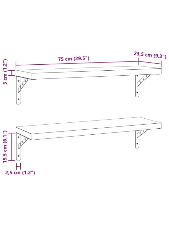 Seinähyllyt 2 kpl 75x23,5 cm hopea ruostumaton teräs