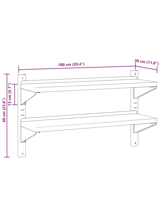 Seinähylly 2-kerroksinen 100x30x60 cm hopea ruostumaton teräs
