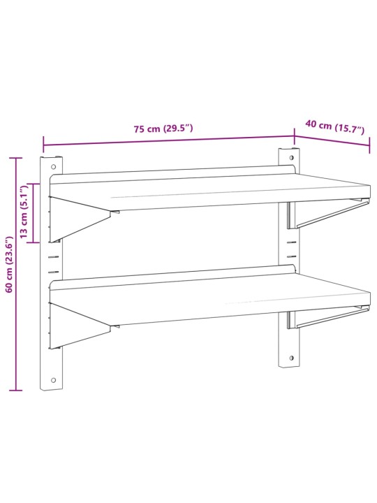 Seinähylly 2-kerroksinen 75x40x60 cm hopea ruostumaton teräs