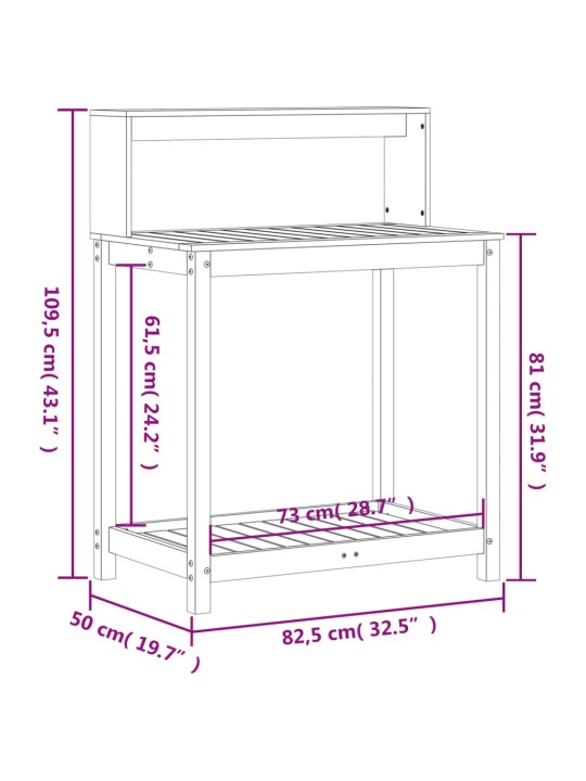 Ruukutuspöytä hyllyllä 82,5x50x109,5 cm täysi mänty