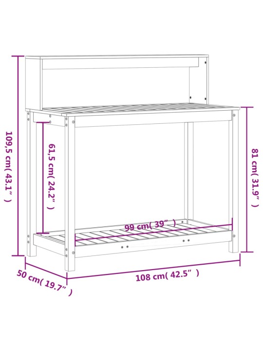 Ruukutuspöytä hyllyllä 108x50x109,5 cm täysi mänty