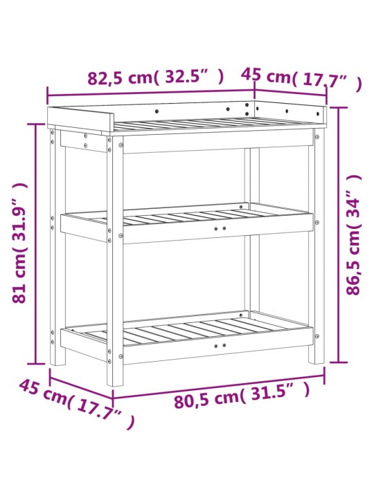 Ruukutuspöytä hyllyillä 82,5x45x86,5 cm täysi mänty