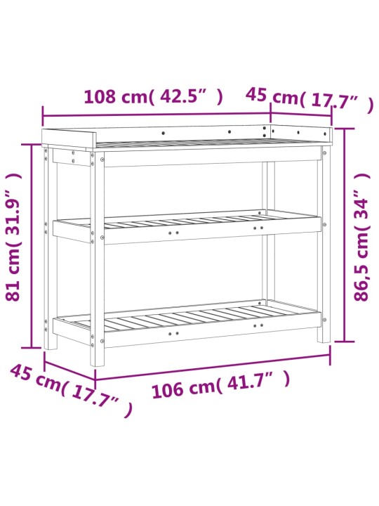 Ruukutuspöytä hyllyillä 108x45x86,5 cm täysi mänty