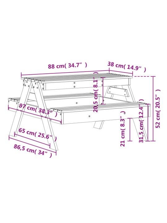 Lasten piknikpöytä 88x97x52 cm täysi mänty