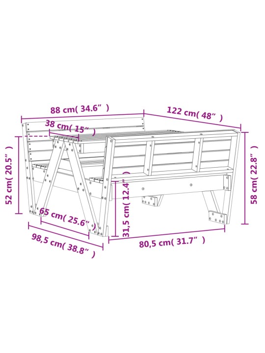Lasten piknikpöytä 88x122x58 cm täysi mänty