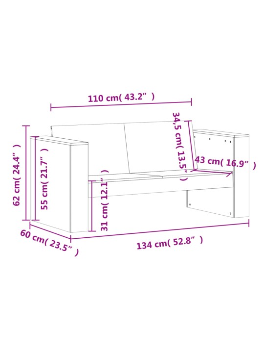 Puutarhasohva 2-istuttava 134x60x62 cm kyllästetty mänty