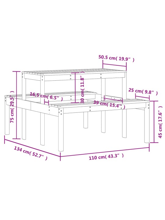 Piknikpöytä vahanruskea 110x134x75 cm täysi mänty