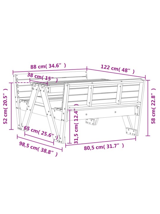 Lasten piknikpöytä vahanruskea 88x122x58 cm täysi mänty