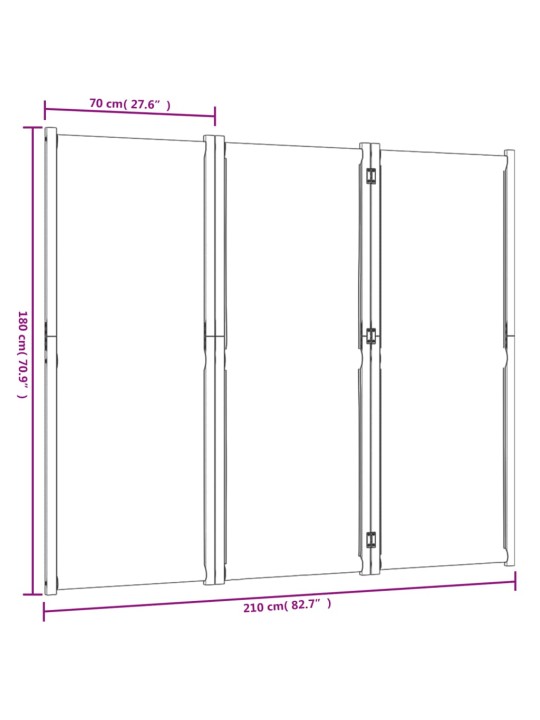 3-Paneelinen tilanjakaja vaaleanharmaa 210x180 cm