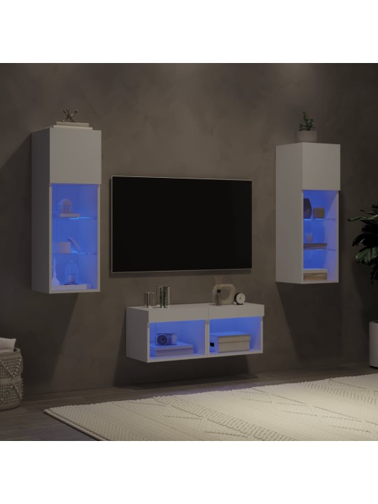 4-osainen TV-seinäkaappisarja LED-valoilla valkoinen