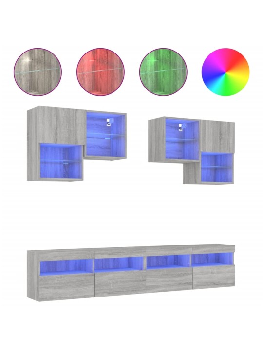 6-osainen TV-seinäkaappisarja LED-valoilla harmaa Sonoma
