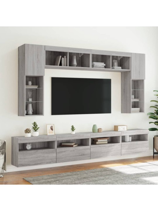 8-osainen TV-seinäkaappisarja LED-valoilla harmaa Sonoma
