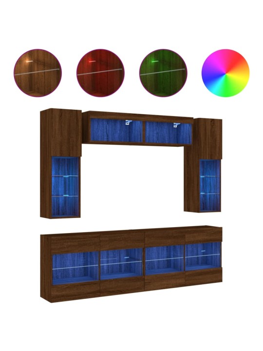 6-osainen TV-seinäkaappisarja LED-valoilla ruskea tammi