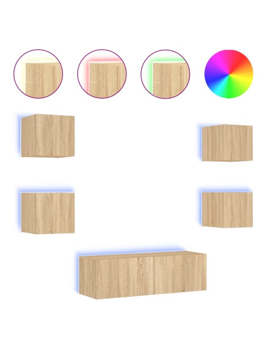 5-osainen TV-seinäkaappisarja LED-valoilla Sonoma-tammi
