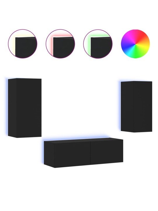 3-osainen TV-seinäkaappisarja LED-valoilla musta