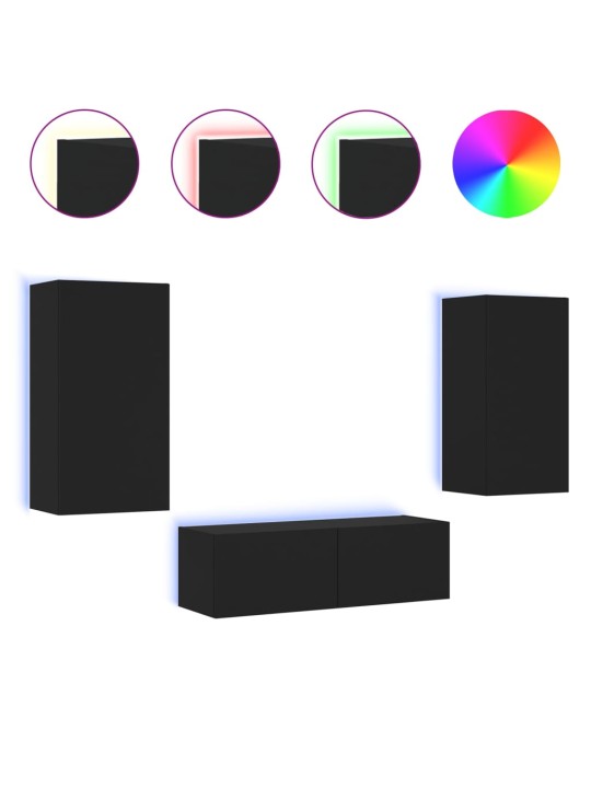 3-osainen TV-seinäkaappisarja LED-valoilla musta