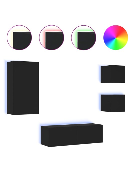 4-osainen TV-seinäkaappisarja LED-valoilla musta